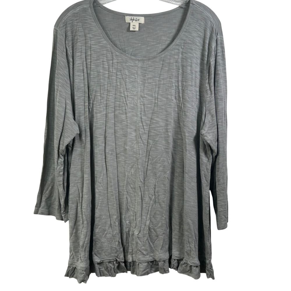 Style & Co Womens XXL Grey Ruffle Hem 3/4 Sleeve Slub Knit Scoop Neck Top